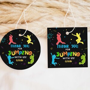 Editable Trampoline Birthday Round Favor Tag, Jump Birthday Favor Tag, Boy Let&#39;s Jump Party Tag, Trampoline Park, Bounce House Gift Tag 92BD