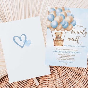 Invitación editable para baby shower con globo aerostático de niño oso, azul Podemos esperar la invitación para baby shower, invitación para baby shower con oso boho, 0697 imagen 2