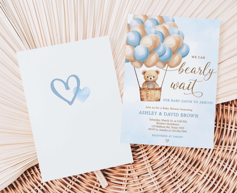 Invitación editable para baby shower con globo aerostático de niño oso, azul Podemos esperar la invitación para baby shower, invitación para baby shower con oso boho, 0697 imagen 2