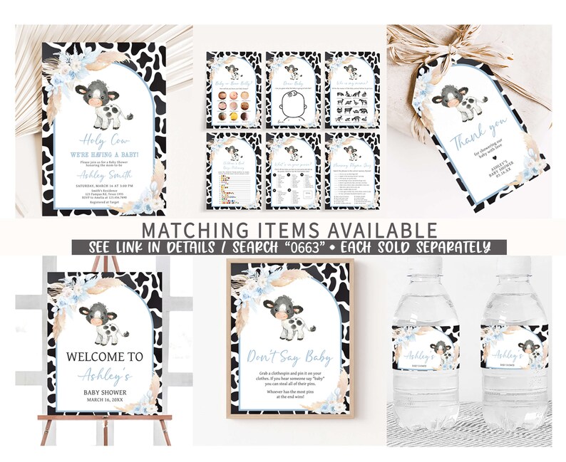 Editable Boy Holy Cow Baby Shower Due Date Calendar, Blue Highland Cow Baby Shower Calendar, Boho Farm Baby Shower Birthday Prediction, 0663 image 2