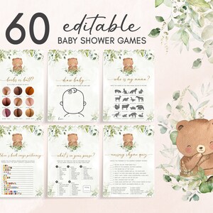 Editable Bear Baby Shower Games Bundle Teddy Bear Baby Shower Game Pack Gender Neutral Greenery Gold Baby Bear Games Printable Template 0335