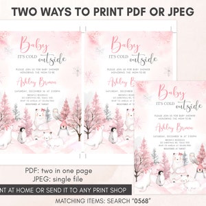 Op de afbeelding: Baby shower uitnodigingen met een winterthema. De uitnodigingen bevatten de tekst "Baby It's Cold Outside" en bevatten aquarel illustraties van ijsberen, pingu&iuml;ns en besneeuwde bomen. Beschikbaar in PDF- en JPEG-formaten.