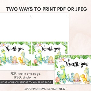 two printable thank cards with dinosaurs on them