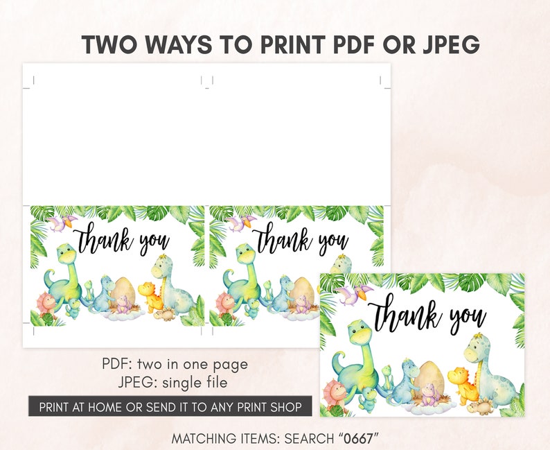 two printable thank cards with dinosaurs on them