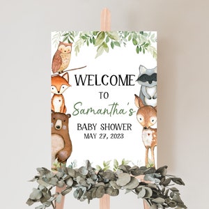 Cartello di benvenuto modificabile per baby shower nel bosco, animali del bosco verde per baby shower Poster di benvenuto genere neutro animali della foresta modello 0322