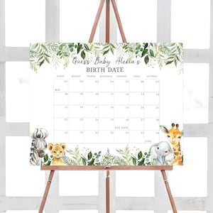 Bearbeitbarer Dschungel-Babyparty-Fälligkeitsdatumskalender, Safari-Tiere Babypartykalender, Wild One Safari Geburtstagsvorhersagen, Greenery 0179