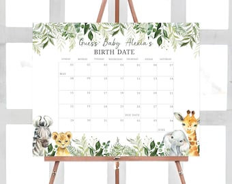 Editable Jungle Baby Shower Baby Due Date Calendar, Safari Animals Baby Shower Calendar, Wild One Safari Birthday Predictions, Greenery 0179