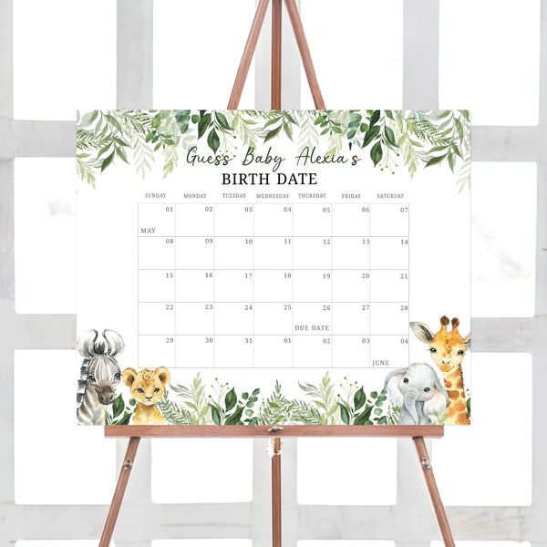 Bearbeitbarer Dschungel-Babyparty-Fälligkeitsdatumskalender, Safari-Tiere Babypartykalender, Wild One Safari Geburtstagsvorhersagen, Greenery 0179