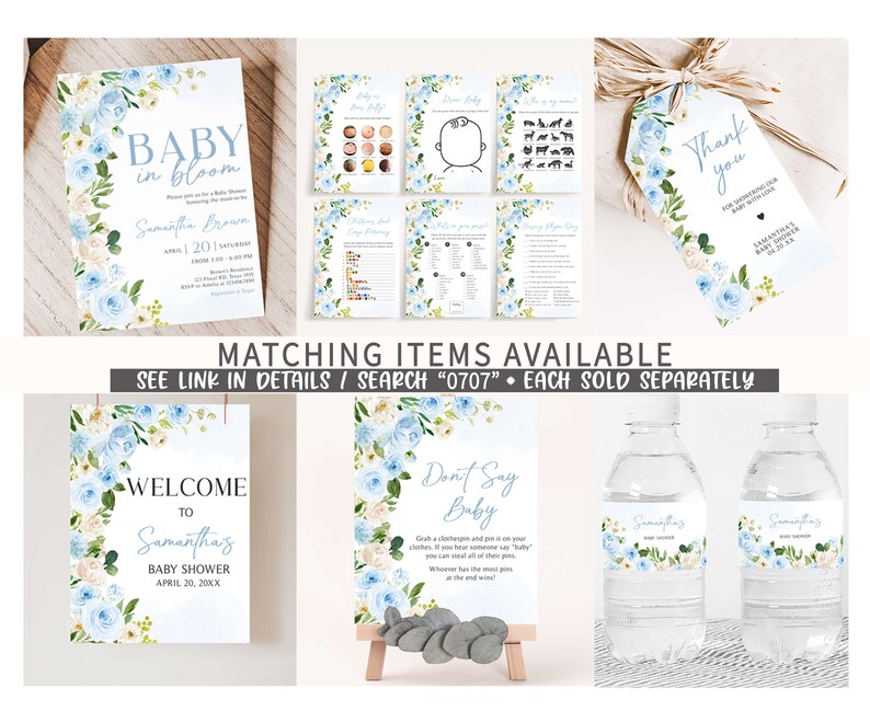 Paquete editable de juegos de baby shower para niño bebé en floración, paquete de juegos de baby shower floral azul, juegos de baby shower con flores verdes de primavera, 0707 imagen 2
