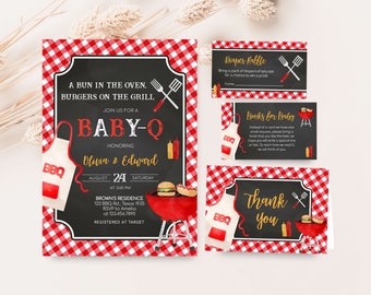 Editable Red BBQ Baby Shower Invitation Bundle, Gingham Baby-Q Baby Shower Invitation Set, Backyard Bun in the Oven Grill Baby Shower, 0838