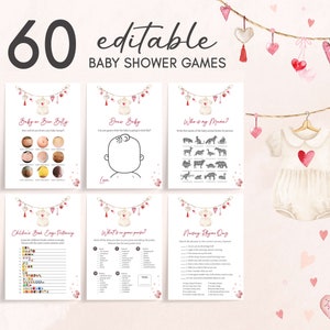 Pacchetto di giochi modificabili per baby shower di San Valentino, pacchetto di giochi per baby shower A Little Sweetheart, set di giochi per baby shower per ragazze con cuori di San Valentino, 0651