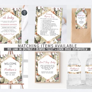 May include: A set of printable baby shower decorations with a cactus theme. The set includes a welcome sign, a don't say baby game, a nursery rhymes quiz, a thank you tag, and water bottle labels. The decorations feature a gold geometric frame with cactus and floral illustrations.