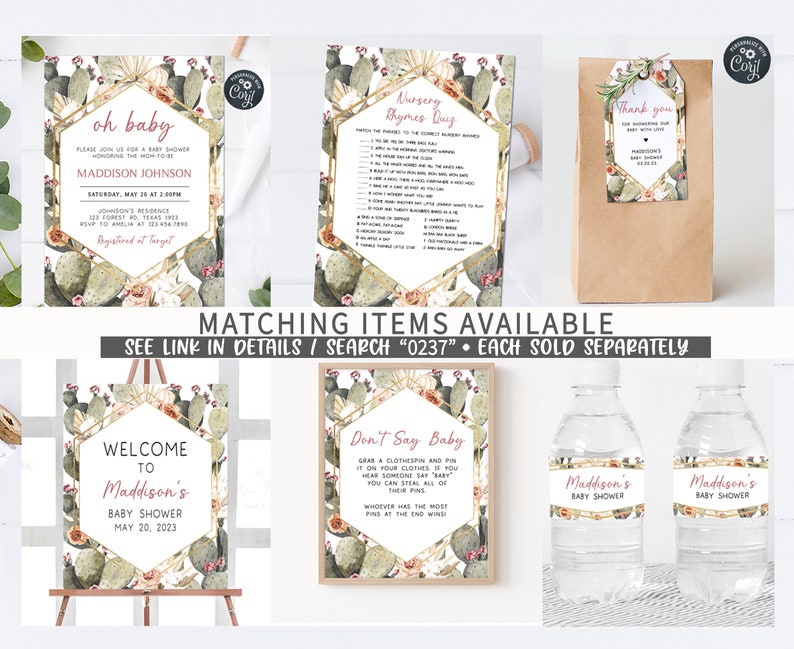 May include: A set of printable baby shower decorations with a cactus theme. The set includes a welcome sign, a don't say baby game, a nursery rhymes quiz, a thank you tag, and water bottle labels. The decorations feature a gold geometric frame with cactus and floral illustrations.