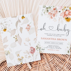 Editable Oh Baby Spring Baby Shower Invitation Bundle, Spring Flowers Baby Shower Invitation Set, Pink Floral Girl Baby Shower Invite, 0628 image 2