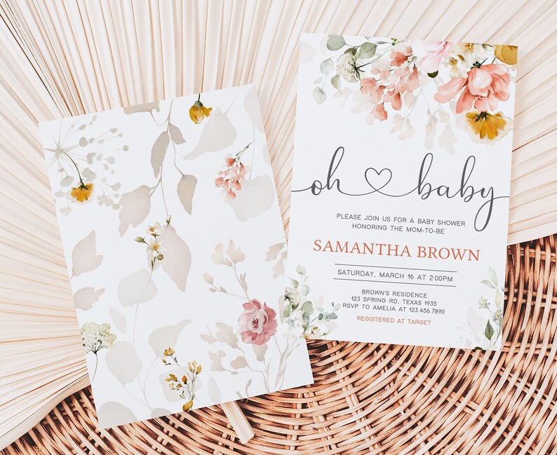 Editable Oh Baby Spring Baby Shower Invitation Bundle, Spring Flowers Baby Shower Invitation Set, Pink Floral Girl Baby Shower Invite, 0628 image 2