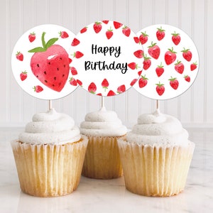 Strawberry Birthday Cupcake Toppers, Strawberries Happy Birthday Toppers, Birthday Party Decoration, Summer Berry Digital Printable 0134