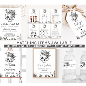 May include: A collection of baby shower decorations with a skull and floral design. Includes an invitation, game cards, a thank you tag, a welcome sign, a "Don't Say Baby" sign, and water bottle labels. The text reads "a little boo is almost due" and "Welcome to Cassandra's Baby Shower".