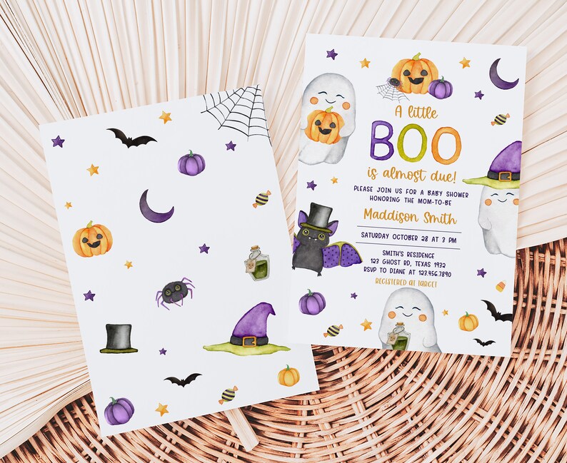 May include: Halloween-themed baby shower invitations. The invitations feature illustrations of ghosts, pumpkins, bats, and a witch's hat. The text reads "A little BOO is almost due!" and includes event details.