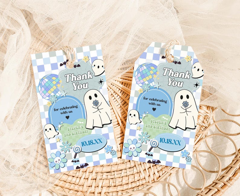 two thank you cards sitting on a basket