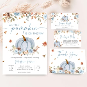 Editable Blue A Little Pumpkin Baby Shower Invitation Bundle, Boy Pumpkin Baby Shower Invite, Autumn Leaves Floral Fall Invite Set, 01119