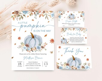 May include: A set of baby shower invitations and cards with a watercolor design. The main invitation features a light blue pumpkin with floral accents and the text "A Little Pumpkin is on the Way."