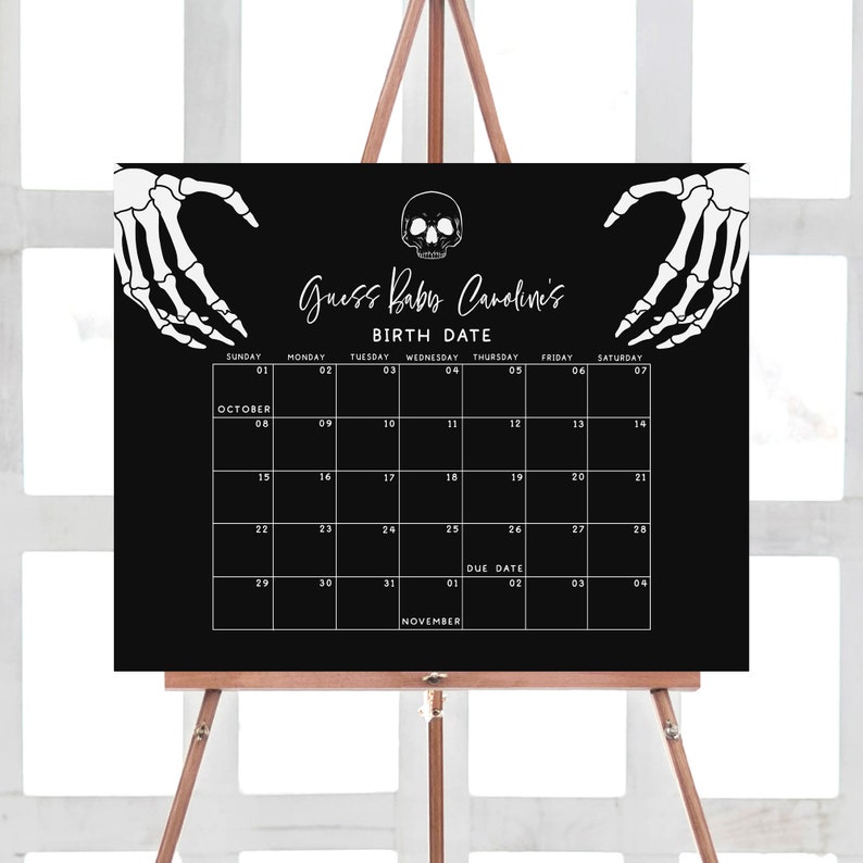 Halloween Gothic with Skeleton and Skull with A Little Boo is almost Due Baby Shower Due Date Calendar