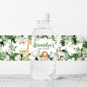 Bewerkbaar groen safarifleslabel babyshower, bloemen jungle babyshower waterlabel, sticker safaridieren wild één waterfles, 0291 afbeelding 1