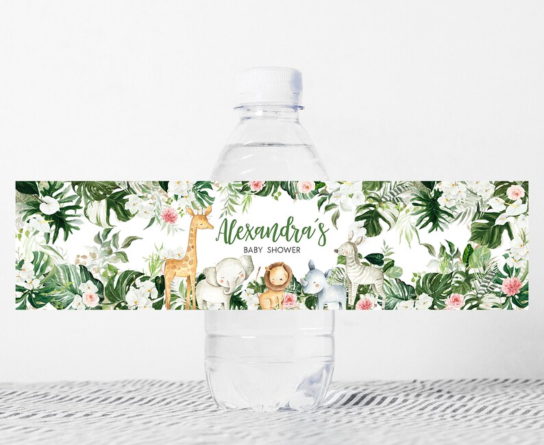 Bewerkbaar groen safarifleslabel babyshower, bloemen jungle babyshower waterlabel, sticker safaridieren wild één waterfles, 0291 afbeelding 1