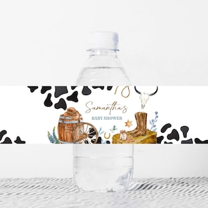 Bewerkbaar etiket cowboy babyshowerfles, rodeo babyshower wateretiketten, een kleine cowboy is onderweg, flesstickers wilde westen, 0723