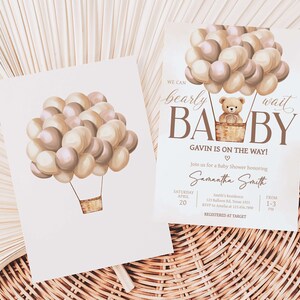 Editable Brown Bear Baby Shower Invitation, Boho Hot Air Balloons Baby Shower Invite, Neutral We Can Bearly Wait Baby Shower Invitation 0702 image 2