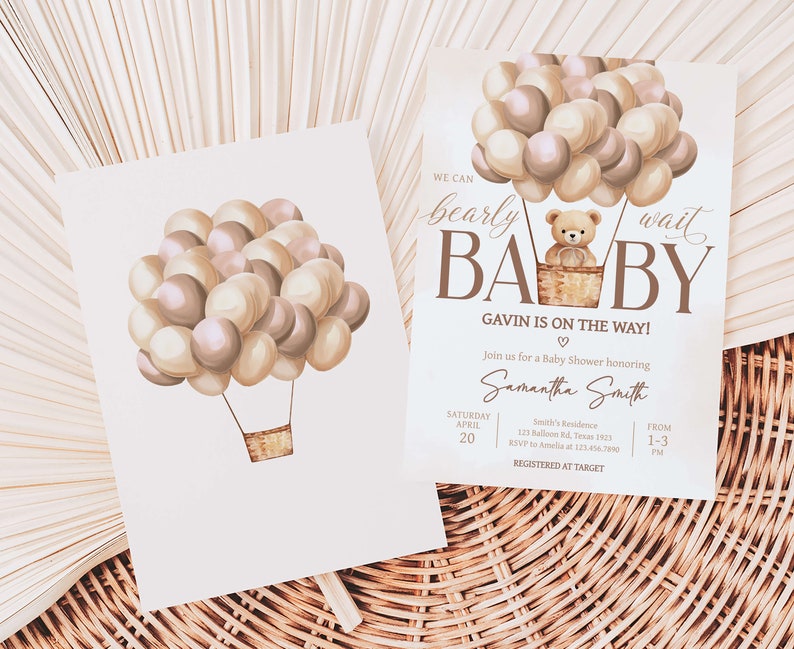 Editable Brown Bear Baby Shower Invitation, Boho Hot Air Balloons Baby Shower Invite, Neutral We Can Bearly Wait Baby Shower Invitation 0702 image 2