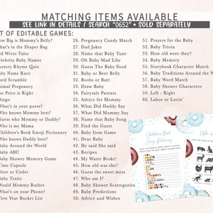 Puede incluir: Imprimibles de juegos para baby shower con una lista de juegos editables y art&iacute;culos a juego. Los juegos incluyen trivia, memoria y pictionary de emojis. El dise&ntilde;o presenta donas con glaseado azul y marr&oacute;n.