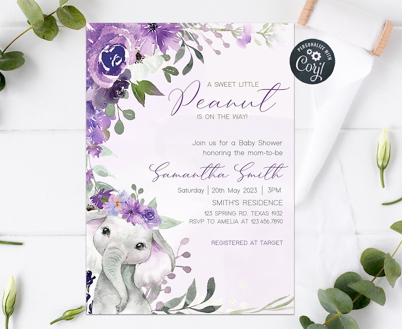 May include: Purple floral baby shower invitation with a cute illustration of a gray elephant wearing a purple flower crown. The invitation reads "A Sweet Little Peanut is on the way!" and includes the name Samantha Smith, the date and time of the shower, and the location.