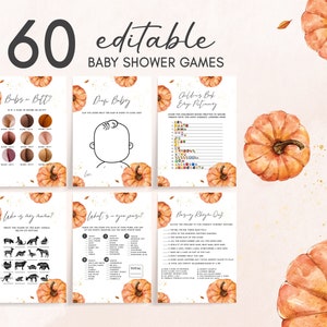 Bewerkbare bundel kleine pompoen babyshowergames, herfst minimalistisch babyshowergamepakket, genderneutraal herfstpompoengames sjabloon 0427