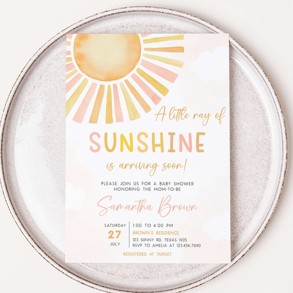 Editable Sunshine Baby Shower Invitation, A Little Ray of Sunshine Baby Shower Invite, You Are My Sunshine, Boho Sun Baby Shower Invite 0753