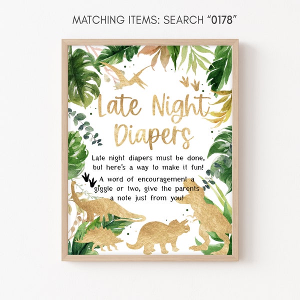 Late Night Diapers Dinosaur Baby Shower Sign, Gold Dino Baby Shower Diaper Thoughts Sign Greenery Dino Baby Shower Decor Boy Dinosaur 0178