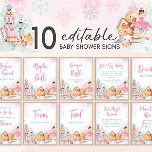 Può includere: Dieci cartelli modificabili per baby shower a tema paese delle meraviglie invernale. I cartelli presentano illustrazioni ad acquerello di case di pan di zenzero, ballerine e schiaccianoci. Il testo include "Babies are Sweet", "Books & Gifts" e "Diaper Raffle".