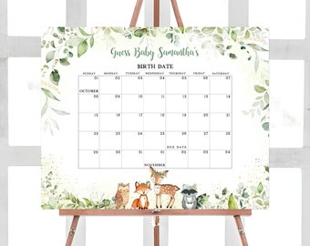 Może przedstawiać: Drukowana gra na baby shower z zielonym i złotym wzorem kwiatowym. Gra to kalendarz z miesiącami październikiem i listopadem. Tekst "Guess Baby Samantha's Birth Date" znajduje się na górze kalendarza. U dołu kalendarza znajdują się urocze zwierzęta leśne.
