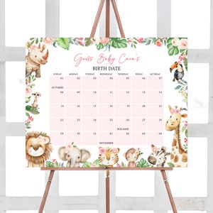 Bearbeitbarer Mädchen-Safari-Babyparty-Fälligkeitsdatumskalender, Ein kleiner wilder Dschungel-Babypartykalender, Blumen-Safari-Tier-Babyparty, 0834