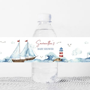 Bearbeitbares nautisches Babypartyflaschenetikett, ahoi, es ist ein Junge-Babyparty-Wasseretiketten, unscharfes Boot-nautische Babypartyflaschenaufkleber, 0781