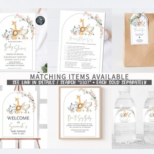 May include: A set of printable baby shower decorations featuring a jungle animal theme. The decorations include a welcome sign, a game card, a favor bag, and water bottle labels. The design features a giraffe, a lion, an elephant, and a monkey in a watercolor style with pink flowers and greenery.