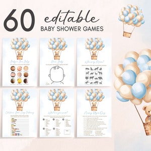 Editable Hot Air Balloon Bear Baby Shower Games Bundle, We Can Bearly Wait Boy Baby Shower Game Pack, Blue Bear Boho Baby Shower Games, 0700