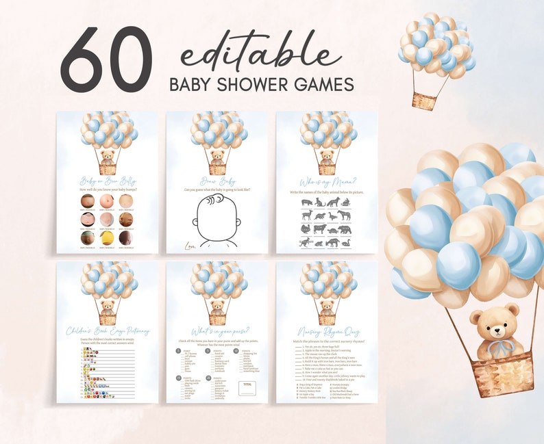 Editable Hot Air Balloon Bear Baby Shower Games Bundle, We Can Bearly Wait Boy Baby Shower Game Pack, Blue Bear Boho Baby Shower Games, 0700 image 1