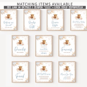 May include: Ten printable signs for a baby shower with a highland cow theme. The signs are in a light brown frame with a white background and feature a watercolour illustration of a highland cow. The signs include: "Babies are Sweet", "Books & Gifts", "Diaper Raffle", "Don't Say Baby", "Drinks", "Please Help the Mom-to-be", "Favors", "Food", "Late Night Diapers", and "Mom-osa Bar".