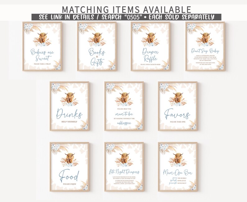 May include: Ten printable signs for a baby shower with a highland cow theme. The signs are in a light brown frame with a white background and feature a watercolour illustration of a highland cow. The signs include: "Babies are Sweet", "Books & Gifts", "Diaper Raffle", "Don't Say Baby", "Drinks", "Please Help the Mom-to-be", "Favors", "Food", "Late Night Diapers", and "Mom-osa Bar".