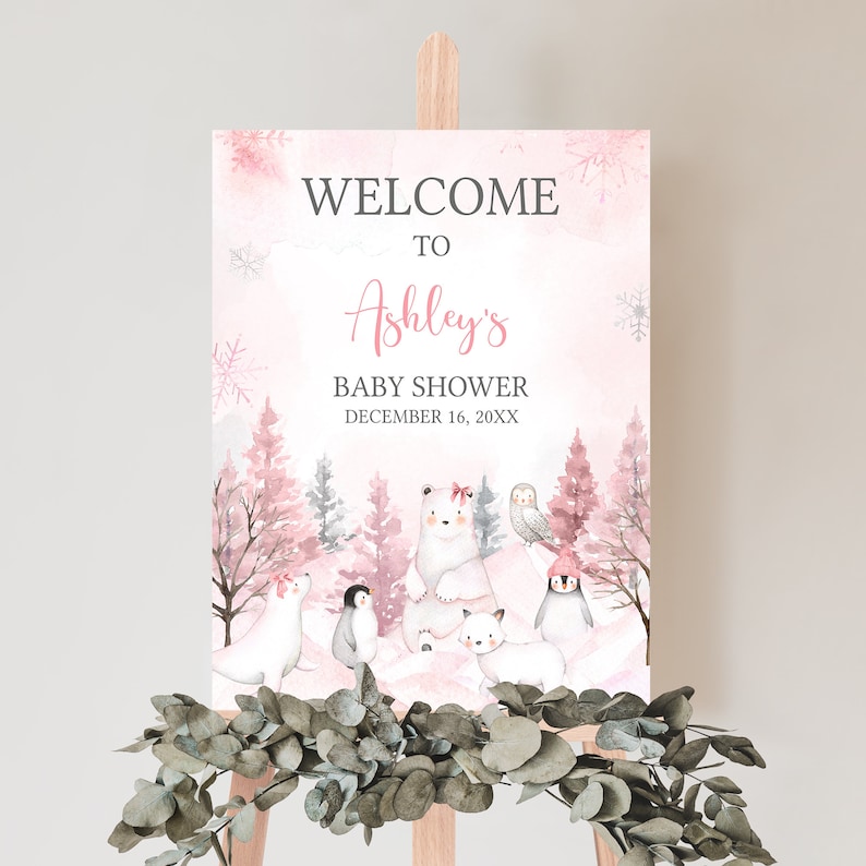 Editable Girl Arctic Animals Baby Shower Welcome Sign, Pink Winter Baby Shower Welcome Poster, Pink Baby It's Cold Outside Baby Shower, 0568 image 1