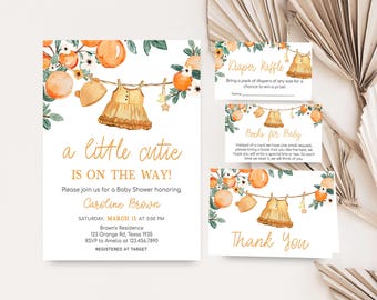 May include: A baby shower invitation with a watercolor illustration of oranges, flowers, and a baby dress hanging on a clothesline. The text reads "a little cutie is on the way!" and includes details for the shower, including the date, time, location, and RSVP information. The invitation also includes a diaper raffle and book request card.