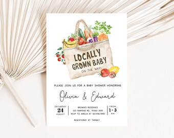 Editable Locally Grown Baby On The Way Baby Shower Invitation, Farmers Market Baby Shower Invite, Garden Party Baby Shower Invitation, 0956