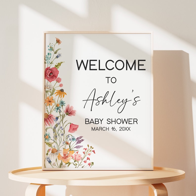 Editable Baby in Bloom Baby Shower Welcome Sign, Boho Wildflower Baby Shower Welcome Poster, Spring Floral Baby Shower Sign Template, 0627 image 1