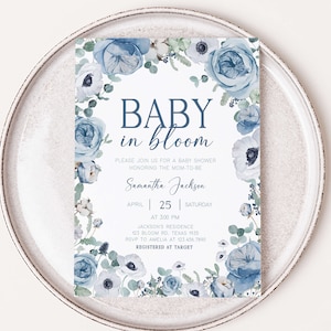Editable Blue Baby in Bloom Baby Shower Invitation, Boy Spring Flowers Baby Shower Invite, Dusty Blue Wildflower Baby Shower Invitation 0710 image 1